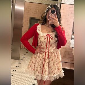 Floral Cream Dress with Red Accents